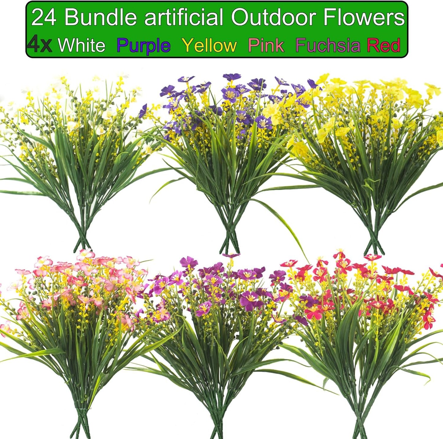 24 Bundles Artificial Faux Flowers Outdoor Plants for Autumn Summer Decoration,Fake Silk Realistic UV Resistant Colorful Daisy for Outside Home Porch Patio Balcony Yard Decor-VerdiqueGarden