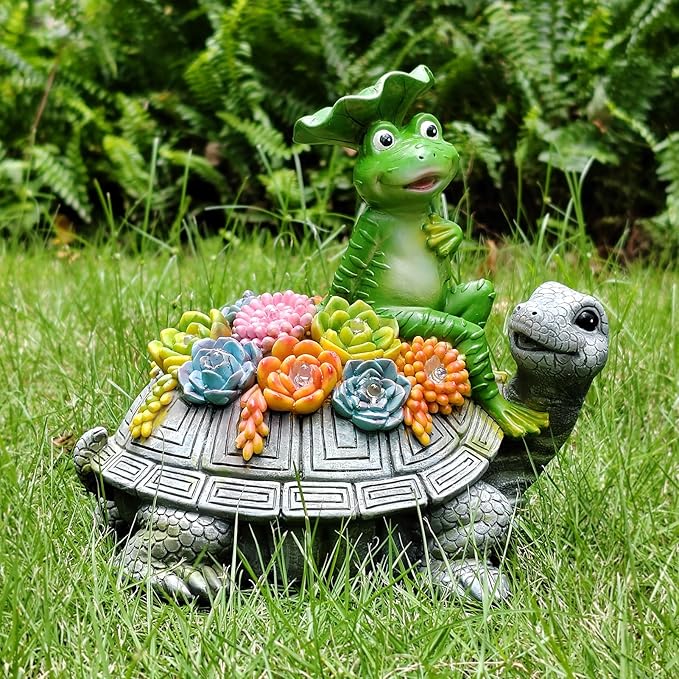 ILLUMINEW Solar Garden Outdoor Statues Turtle& Frog with Succulent and 8 LED Lights, Turtle Carrying Lotus Leaf Frog Figurines, Lawn Decorations for Patio Yard Gifts for Mom Grandma Housewarming-VerdiqueGarden