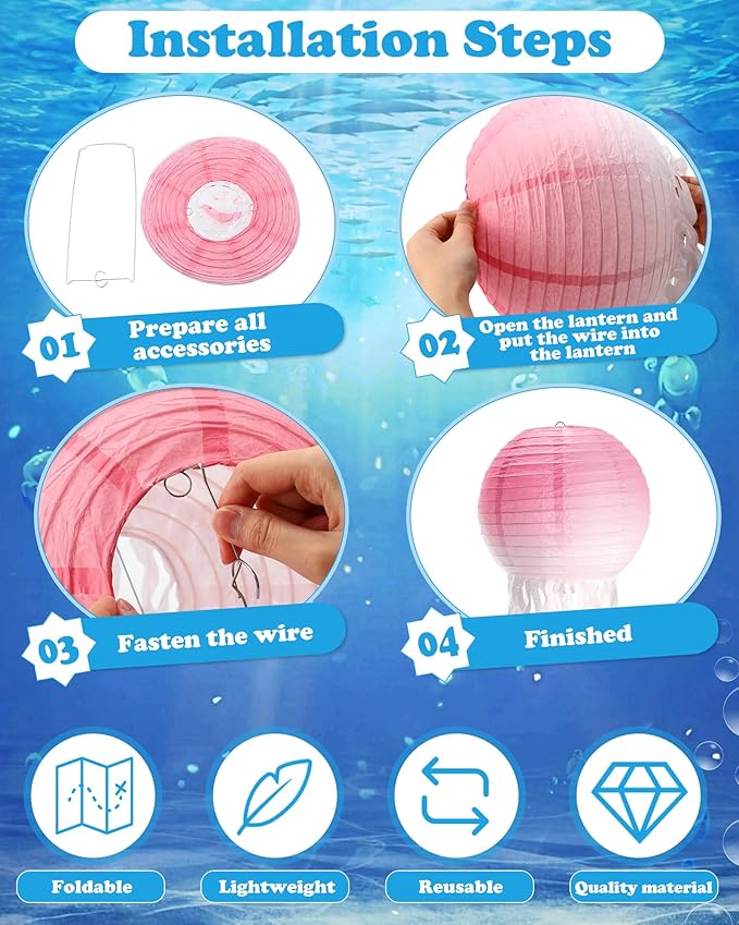 18 Pcs Jellyfish Paper Lanterns Mermaid Birthday Decorations Hanging Lantern Lamps for Ocean Theme Decor Under The Sea Party Supplies(Gradient Color)-VerdiqueGarden
