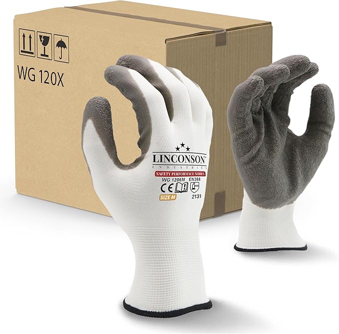 linconson 12 Pack Safety Performance Series Construction Mechanics Wrinkle Latex Work Gloves-VerdiqueGarden