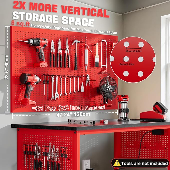 47" Heavy Duty Adjustable Workbench with Power Outlets, Pegboard & Locking Wheels - 2100LB Capacity Garage Work Table, Compatible with Milwaukee Battery, Reinforced Steel Frame for Workshop & Home Use-VerdiqueGarden