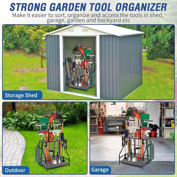 Garden Tool Organizer for Garage, Garden Tool Rack, Up to 58 Long Handled Tools, Yard Tool Holder for Garage, Shed, Outdoor, Tool Stand, Black (Garden Tool Rack)-VerdiqueGarden