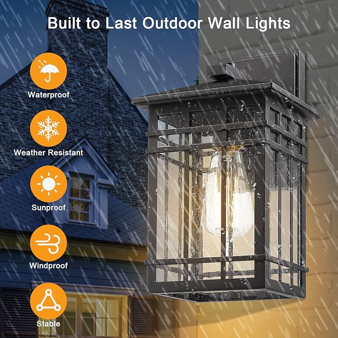 Outdoor Wall Lantern, Exterior Light Fixture Mount, 1-Light Waterproof Lighting With Seeded Glass for Porch, Garage, Patio, Hallway, Entryway, Black-VerdiqueGarden
