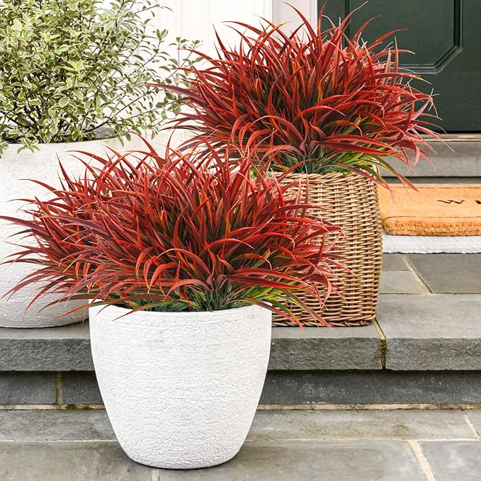 Uieke 28 Bundles Artificial Outdoor Plants UV Resistant Fake Grass Plants Faux Plastic Plants Greenery Shrubs for Home Garden Pathway Window Box Front Porch Cemetery Fall Decor, Autumn Red-VerdiqueGarden