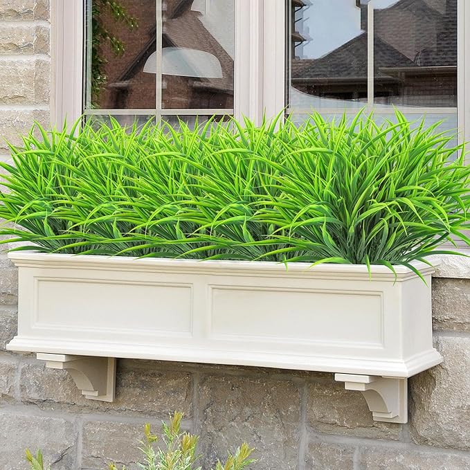 Ouddy Decor 16 Bundles Artificial Plants Outdoor Fake Grass Greenery Stems UV Resistant Faux Plastic Shrubs for Spring Summer Garden Pathway Window Box Front Porch Home Decor, Green-VerdiqueGarden