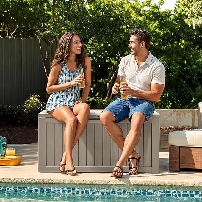 YITAHOME 72 Gallon Outdoor Resin Deck Box with Wheels, Pool Storage Box for Outdoor Cushions, Sports Equipment, Garden Tools, Light Brown-VerdiqueGarden