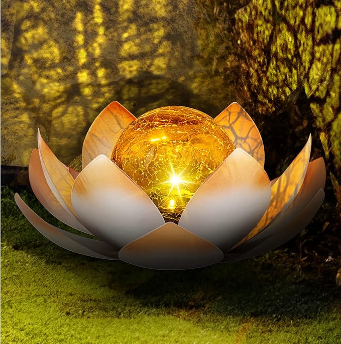 Huaxu Solar Lights Outdoor Garden Decorative Art Metal Lotus Cracked Glass Ball Waterproof Decorations for Pathway Lawn Patio Yard Ground Tabletop Gifts-VerdiqueGarden