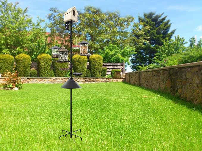 eWonLife 92 Inch Bird Feeder Pole with Squirrel Baffle & Upgraded 9-Prong Base, Adjustable Bird House Pole for Outdoors Heavy Duty, Bird Feeder Stand Post Station with 4 Shepherd Hooks, Birdbath, Tray-VerdiqueGarden
