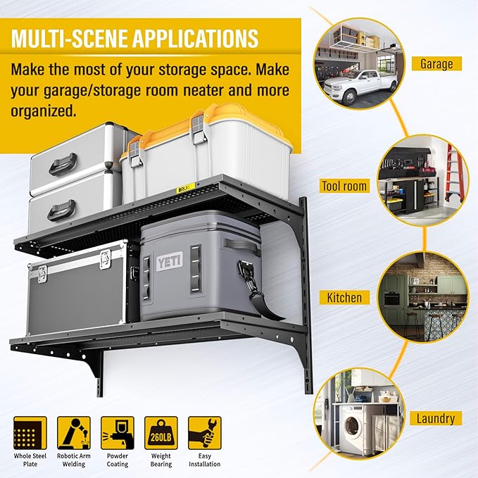 2 Tier 1.3x3ft Garage Shelving Wall Mounted, 400 lbs Load Capacity,15.6x36inch per Shelf Height Cassette Adjustable Floating Shelves(Black)-VerdiqueGarden