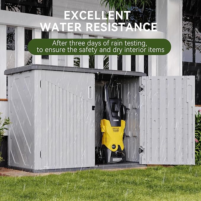 Aoxun White Outdoor Storage Cabinet with 2 Shelves, 35 Cu.Ft Trash Can Storage Shed, Waterproof, Horizontal Storage for Garbage Bin, Generator, Lawn Mower-VerdiqueGarden