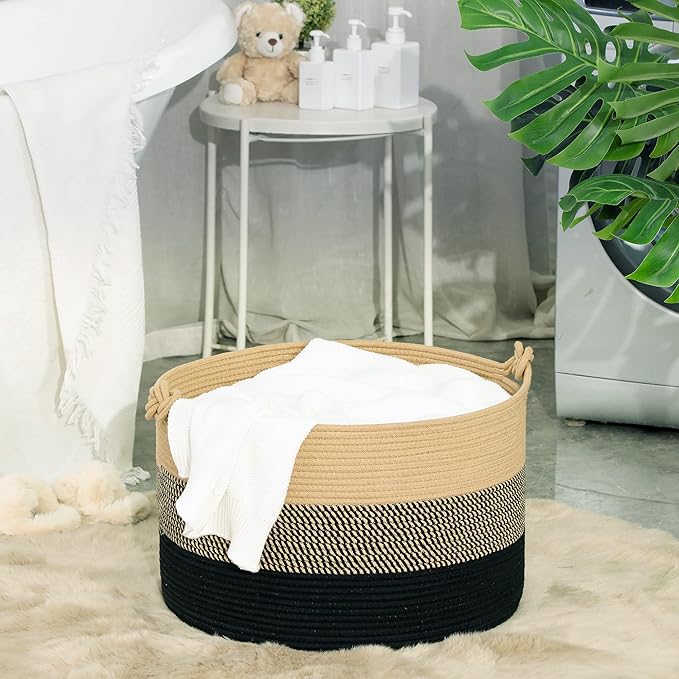 KAKAMAY Large Blanket Basket (20"x13"),Woven Rope Baskets for storage Baby Laundry Hamper, Cotton Rope Blanket Basket for Living Room, Laundry, Nursery, Pillows,Baby Toy chest (Jute/Black)-VerdiqueGarden
