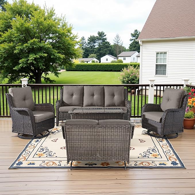 5 Piece Outdoor Patio Furniture Set - Outdoor Conversation Couch and Loveseat Glider Chair Furniture Set with Rattan Coffee Table for Deck Balcony Poolside Brown Wicker/Grey Cushions-VerdiqueGarden