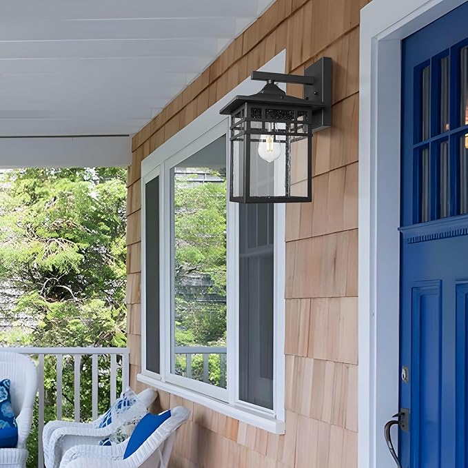 Outdoor Light Fixture Wall Mount, Black Exterior Light Fixture Wall Sconces with Seeded Glass for Front Porch, 9 Inch Large Waterproof Outdoor Square Wall Lantern Outside for House Doorway-VerdiqueGarden