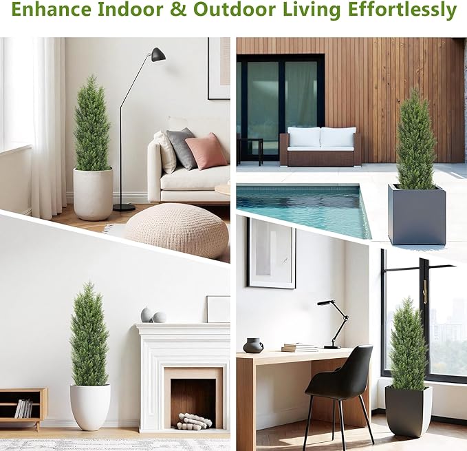 THE BLOOM TIMES 4ft Topiary Trees Artificial Outdoor 2 Pack – UV Resistant Faux Cedar Pine Cypress Bushes and Shrubs, Fake Potted Plants for Front Porch Outside Planter Patio Decor, Set of 2 (4 Foot)-VerdiqueGarden