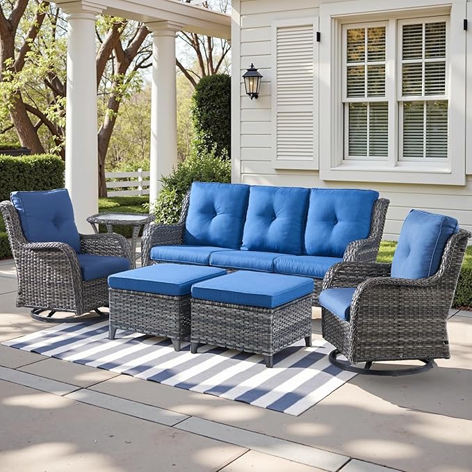 Outdoor Wicker Patio Furniture Set - 6 Piece Rattan Patio Conversation Set with 2 Rocking Swivel Chairs,2 Ottomans,1 Sofa and 1 Side Table for Porch Deck Backyard Garden(Mixed Grey/Blue)-VerdiqueGarden