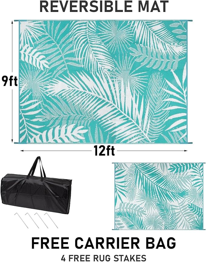 HiiARug Outdoor Rugs 9x12 for Patios Clearance Large Outdoor Rug, Outdoor Plastic Straw Rug RV Camping Rug Large Outdoor Mat for RV, Patio, Backyard, Deck, Picnic, Beach, Trailer, Camping-VerdiqueGarden