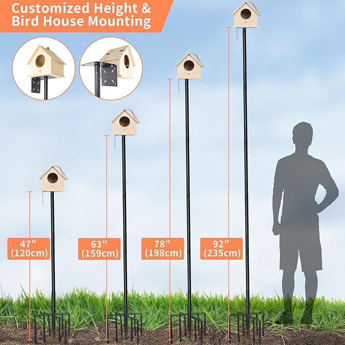 eWonLife 92 Inch Bird Feeder Pole with Squirrel Baffle & Upgraded 9-Prong Base, Adjustable Bird House Pole for Outdoors Heavy Duty, Bird Feeder Stand Post Station with 4 Shepherd Hooks, Birdbath, Tray-VerdiqueGarden