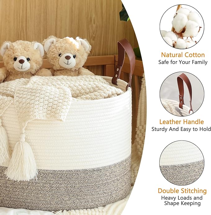 KAKAMAY Large Blanket Basket (20"x13"),Woven Baskets for storage Baby Laundry Hamper,Cotton Rope Blanket Basket for Living Room, Laundry, Nursery, Pillows, Baby Toy chest (White/Beige)-VerdiqueGarden