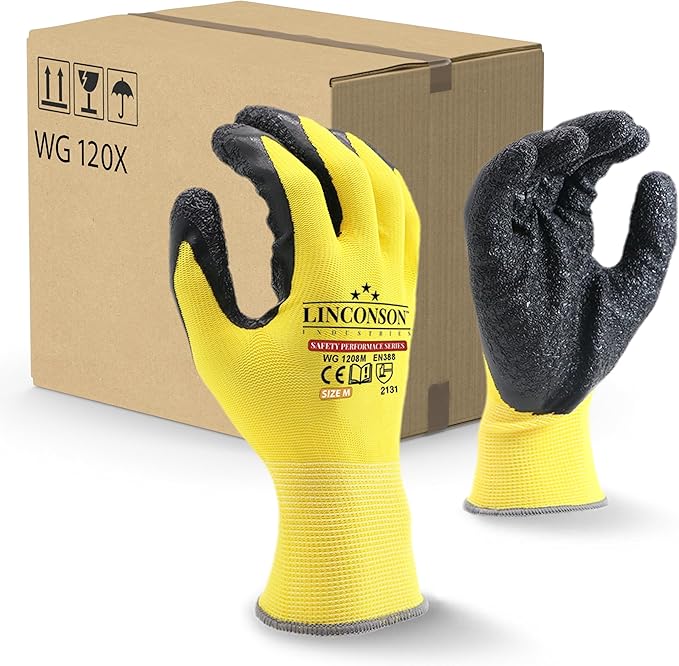 linconson 12 Pack Safety Performance Series Construction Mechanics Wrinkle Latex Work Gloves-VerdiqueGarden