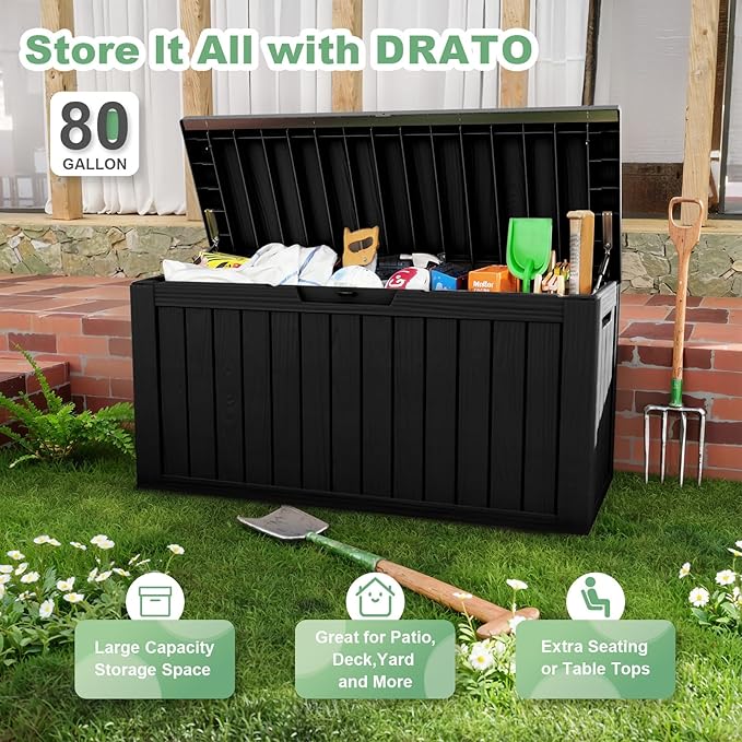 DRATO 80 Gallon Large Deck Box, Outdoor Storage Box for Patio Furniture, Patio Cushions, Gardening Tools, Pool Supplies 480lbs Weight Capacity,Waterproof Resin Storage Boxes-VerdiqueGarden