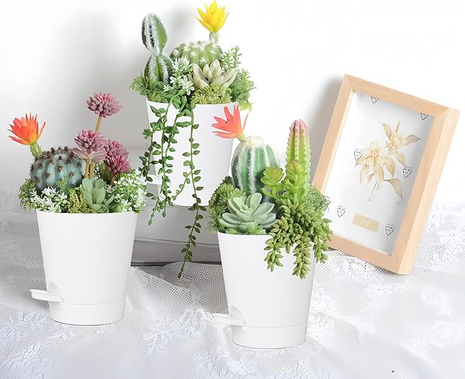 12 Pack 4 Inch Self Watering Plant Pots with Drainage and Saucers，Plastic Flower Pots for Indoor and Outdoor Plants, Nursery Planters for Houseplants and Herbs White, 4 inch 12pcs-VerdiqueGarden