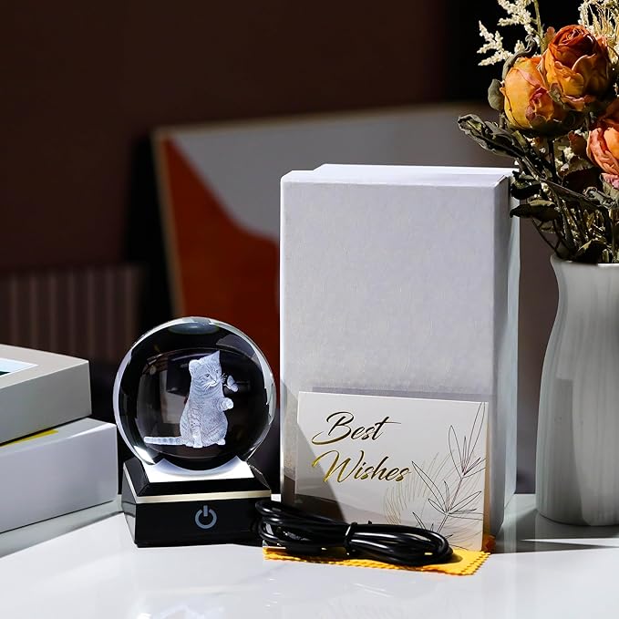 3D Cat Crystal Ball Cat Lover Gifts for Women 3D Cat Figurines Home Decor Cat Collectibles Snow Globes Gift for Girl Cat Lamp for Bedroom Unique Cat Gifts for Her-VerdiqueGarden