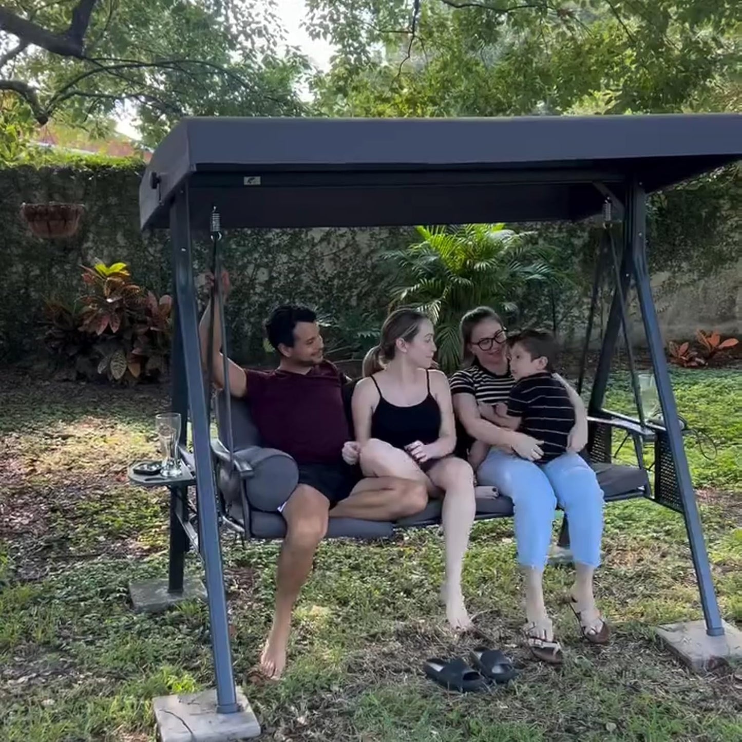 PURPLE LEAF Outdoor Patio Porch Swing with Stand, 3-seat Swing Chair with Adjustable Tilt Canopy All-Weather Steel Frame for Backyard Front Porch Lawn, Cushions and Pillow Included, Grey-VerdiqueGarden