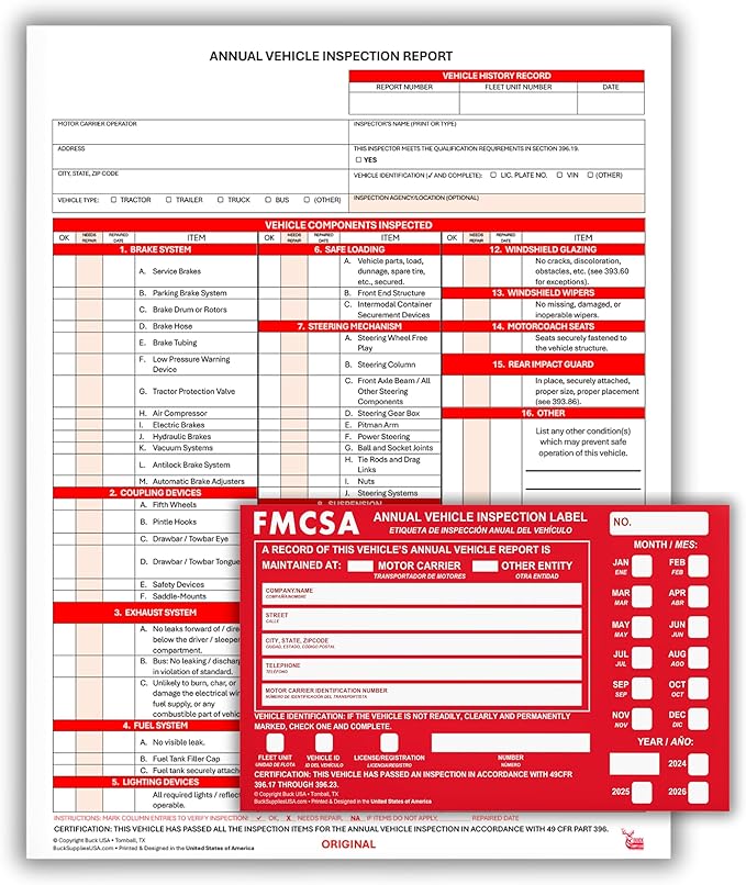 5 Pack 3-Ply Carbonless Annual Vehicle Inspection Report Forms with FMCSA Red Aluminum Adhesive Labels, DOT Inspection Forms and Stickers, Shrink-Wrapped, 8.5" x 11.75" - Made in USA-VerdiqueGarden