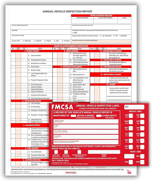 5 Pack 3-Ply Carbonless Annual Vehicle Inspection Report Forms with FMCSA Red Aluminum Adhesive Labels, DOT Inspection Forms and Stickers, Shrink-Wrapped, 8.5" x 11.75" - Made in USA-VerdiqueGarden