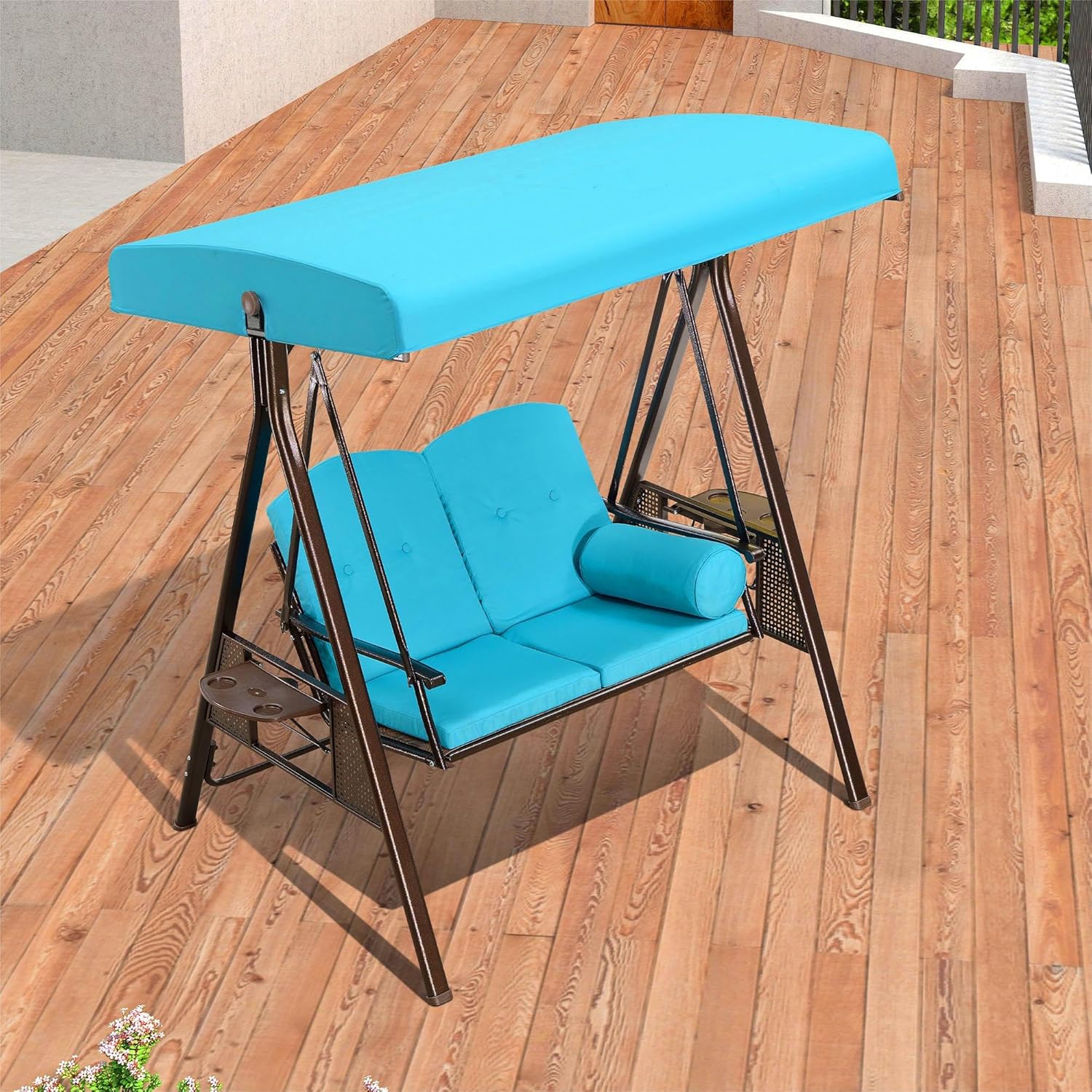 PURPLE LEAF 2-Seat Deluxe Outdoor Patio Porch Swing with Weather Resistant Steel Frame, Adjustable Tilt Canopy, Cushions and Pillow Included, Turquoise Blue-VerdiqueGarden