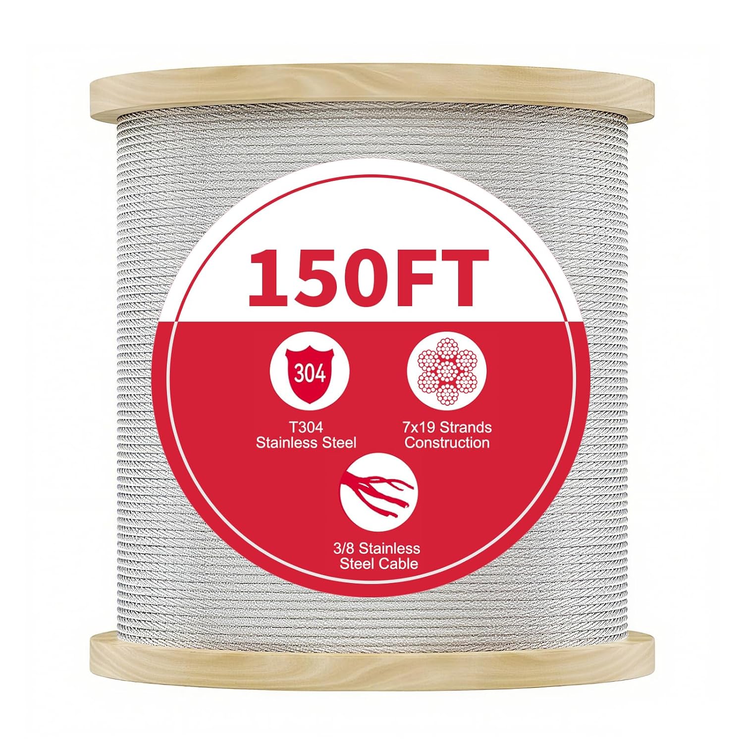 3/8 Stainless Steel Cable with 7x19 Strands and 12000lbs Breaking Strength 304 Stainless Steel Wire Rope for Aircraft Cable 150FT-VerdiqueGarden