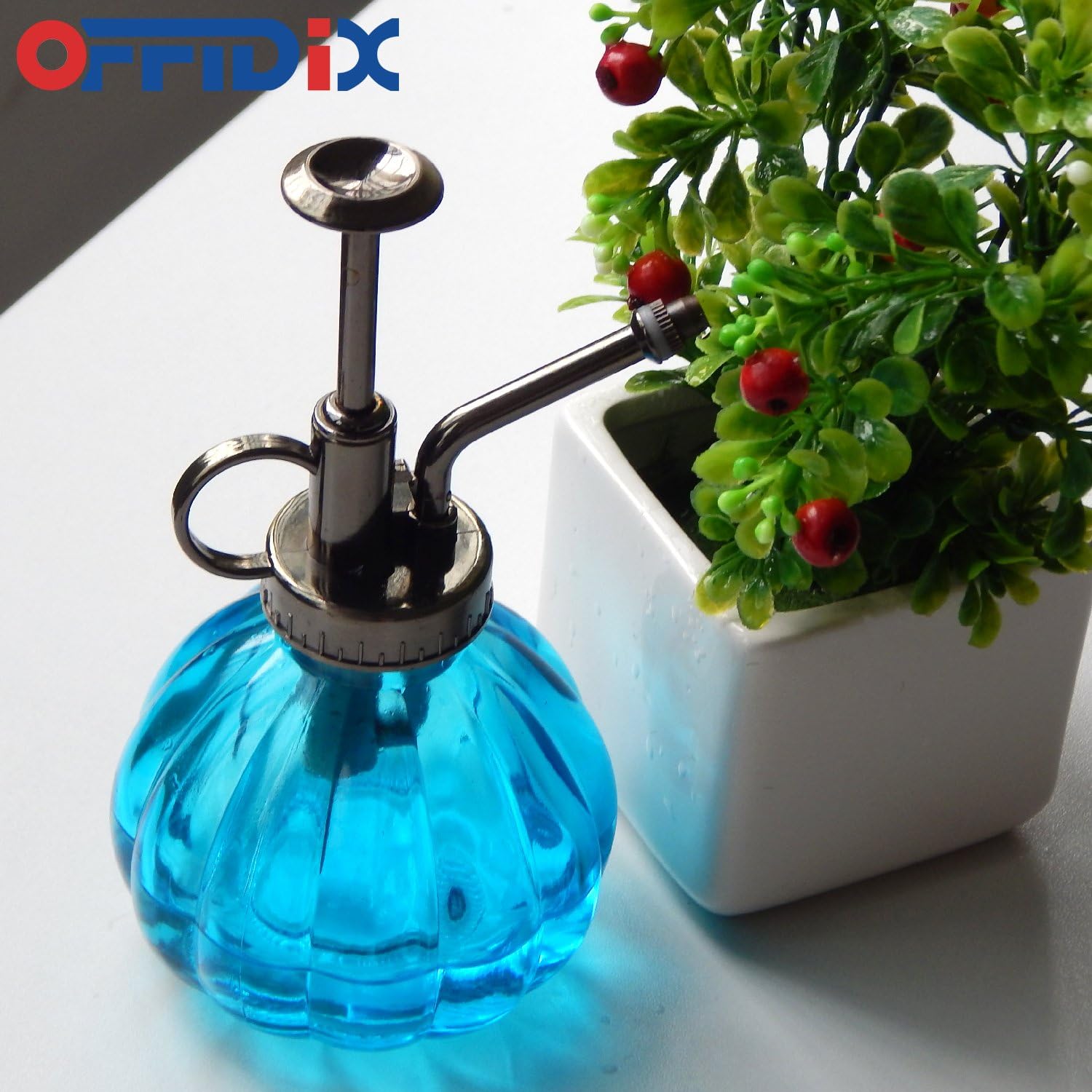 OFFIDIX Glass Watering Spray Bottle, 6.3" Tall Vintage Style with Bronze Plastic Top Pump One Hand Watering Can Spray Bottle (Light Blue)-VerdiqueGarden