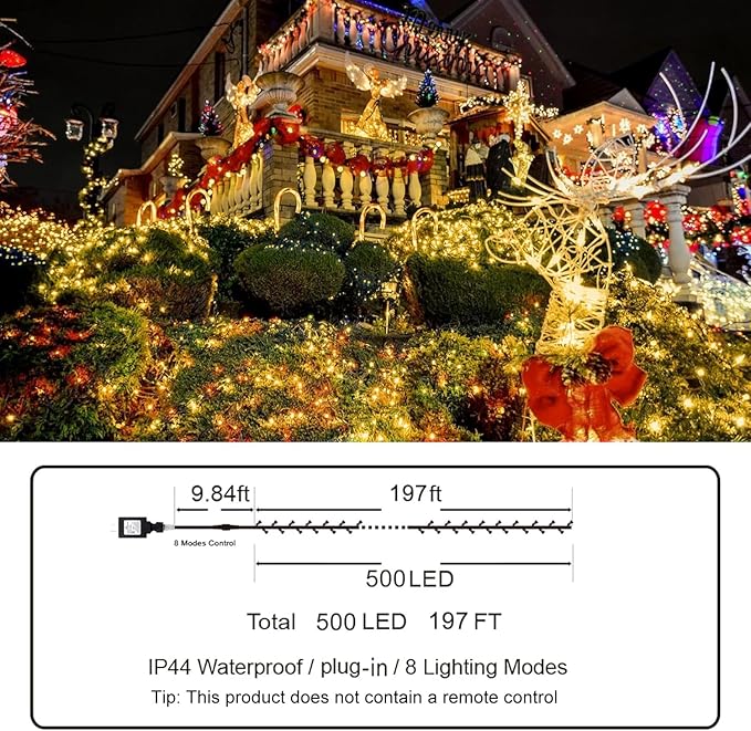 KNONEW 197FT 500 LED Christmas Lights Outdoor String Lights 8 Modes & Memory Fairy Light Plug in Waterproof LED String Lights for Xmas Yard Tree Wedding Party Holiday Decorations (Warm White)-VerdiqueGarden