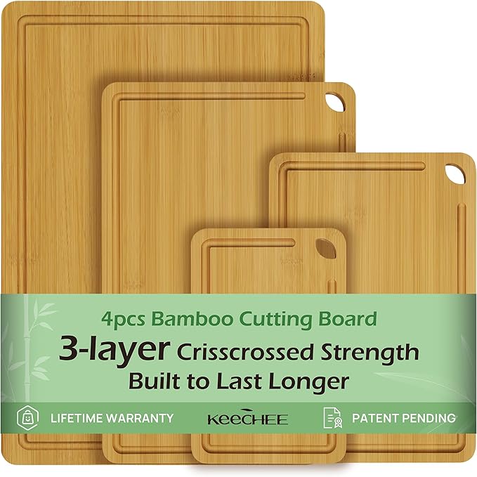 4-Pcs Natural Wood Cutting Board Set Kitchen Tools with Juice Groove, Wooden Chopping Board for Meat, Fruit, Vegetables & Cheese (Pre Oiled, Natural)-VerdiqueGarden