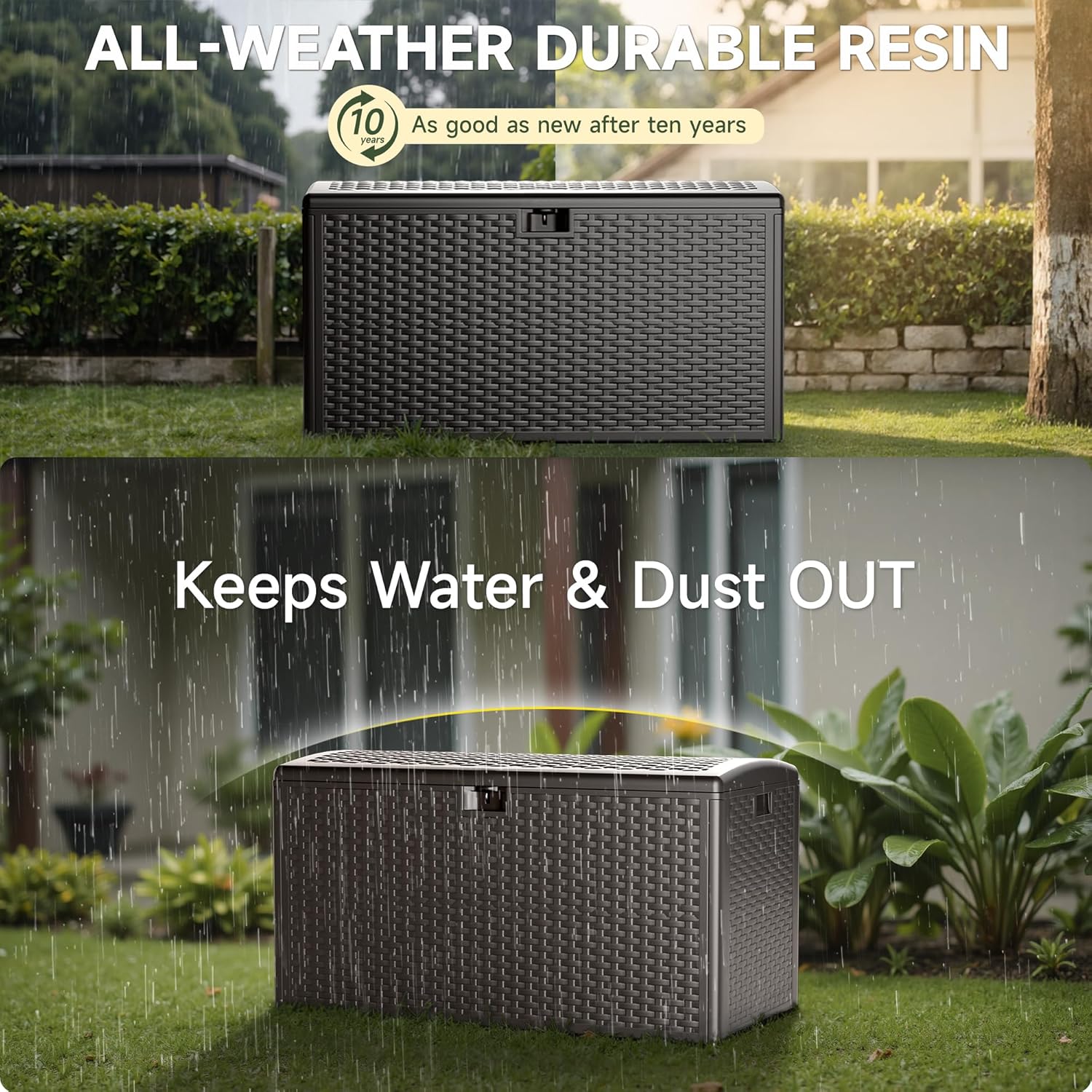 73 Gallon Deck Box, Double Layer Waterproof Resin Outdoor Indoor Storage Box, Lockable & UV Resistant Storage Bin for Patio Furniture, Garden Tools, Pool Accessories (Brown)-VerdiqueGarden