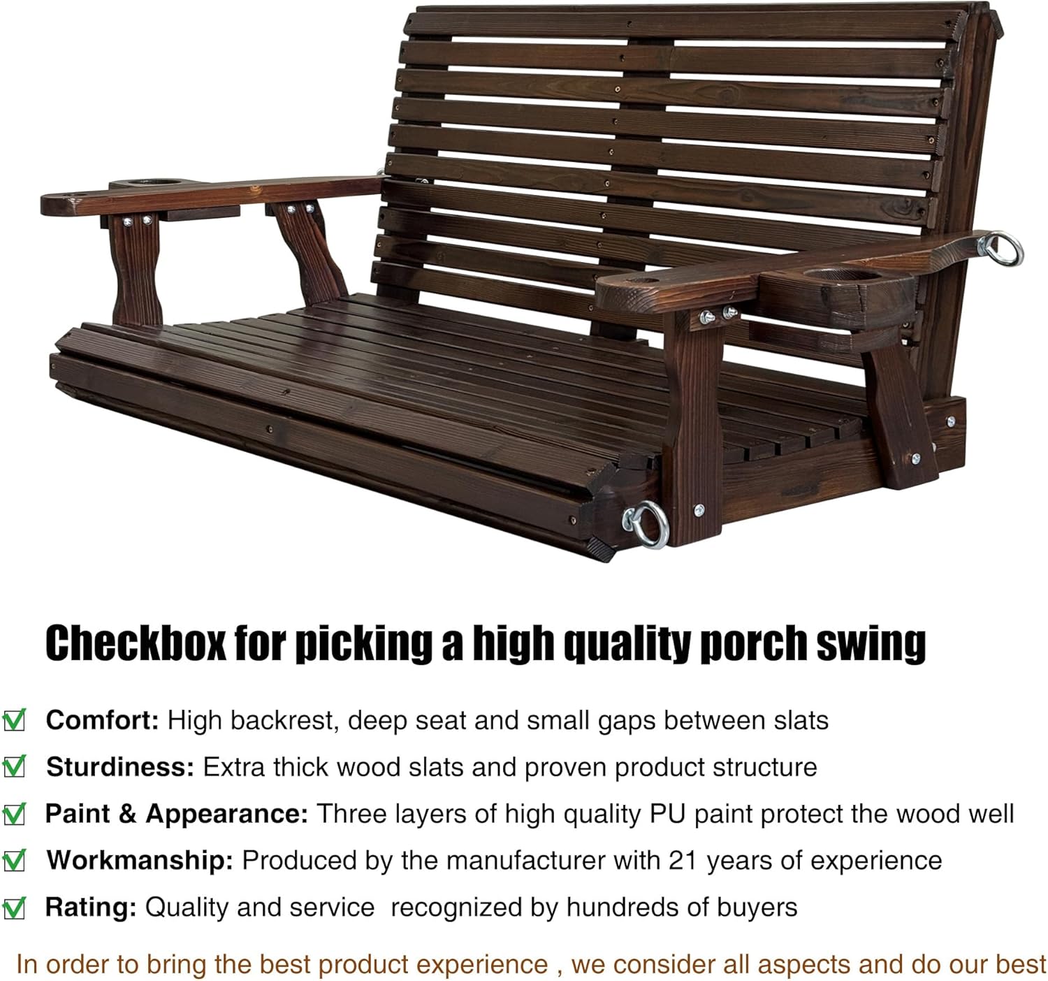 Wooden Porch Swing 2-Seater, High Backrest and Deep Seat, Bench Swing with Cupholders, Hanging Chains and 7mm Springs, Heavy Duty 880 LBS, for Outdoor Patio Garden (Deep Brown, 4.5 feet Extra-Large)-VerdiqueGarden