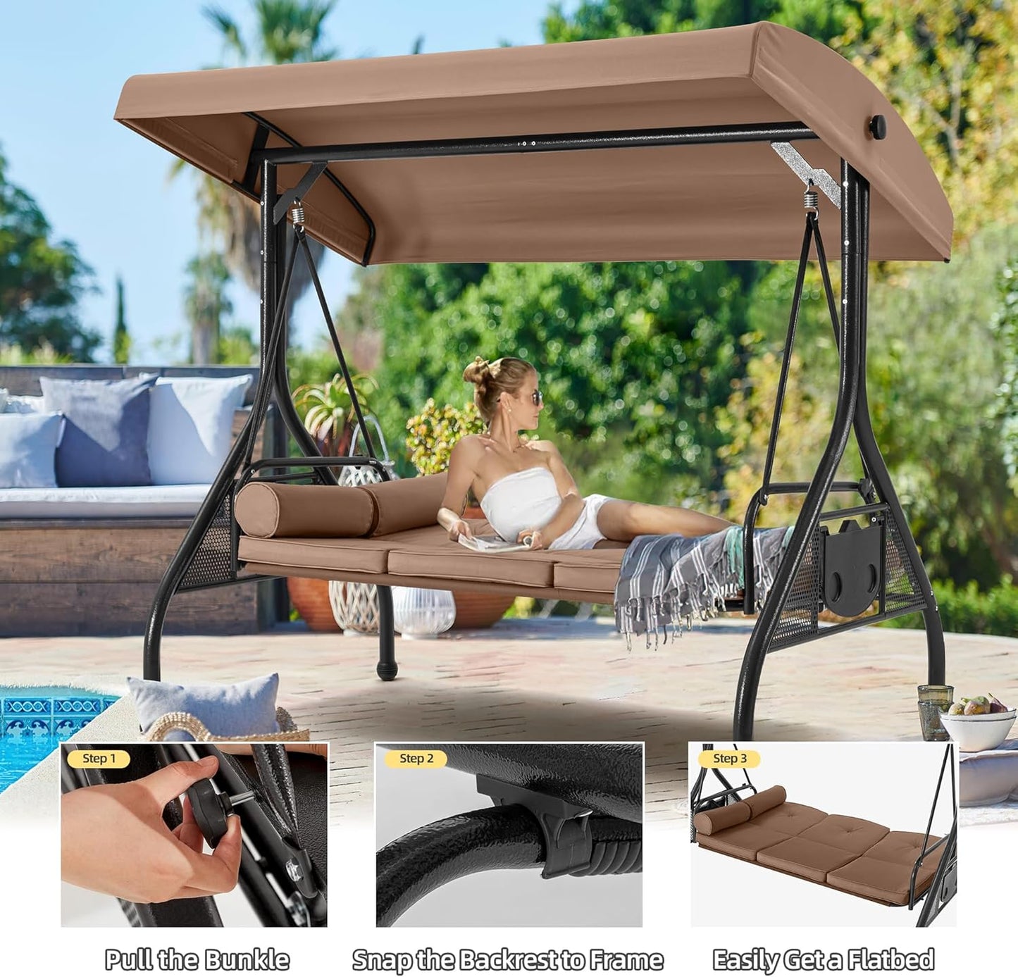 HOMREST 3 Seat Outdoor Porch Swing with Adjustable Canopy, Convertible Patio Swing Bed with Stand, Patio Glider Swing with Upgraded Cup Holder, Thicken Cushions ＆ Pillow for Backyard (Brown)-VerdiqueGarden