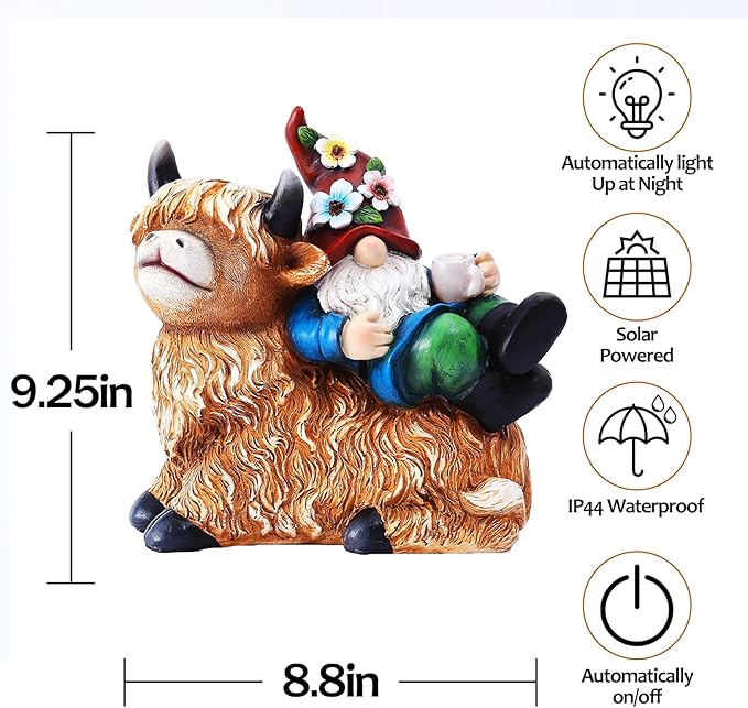 Garden Gnomes Decor Outdoor Statues Gnome on Highland Cow Hold Solar Cup Light Outdoor Decorations for Patio,Yard and Gift for Mom-VerdiqueGarden
