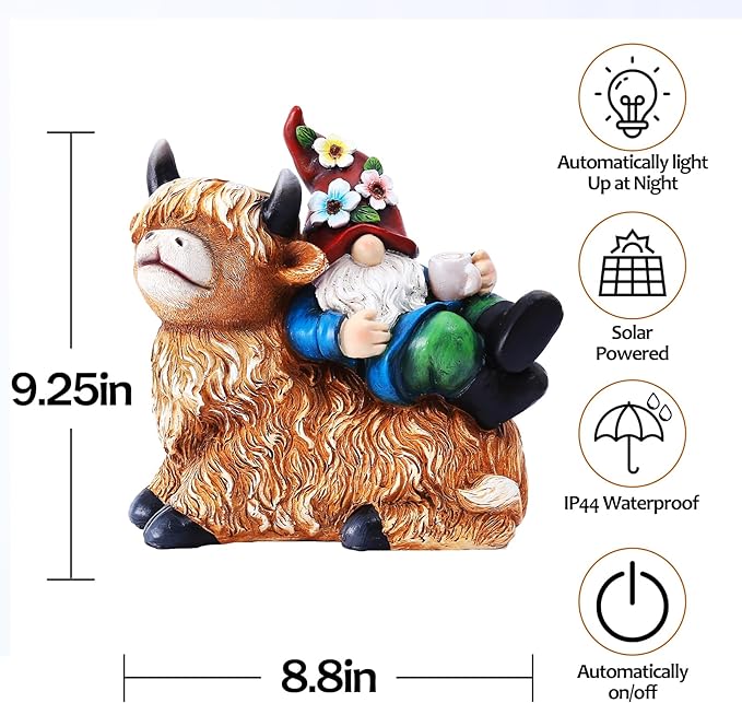 Garden Gnomes Decor Outdoor Statues Gnome on Highland Cow Hold Solar Cup Light Outdoor Decorations for Patio,Yard and Gift for Mom-VerdiqueGarden