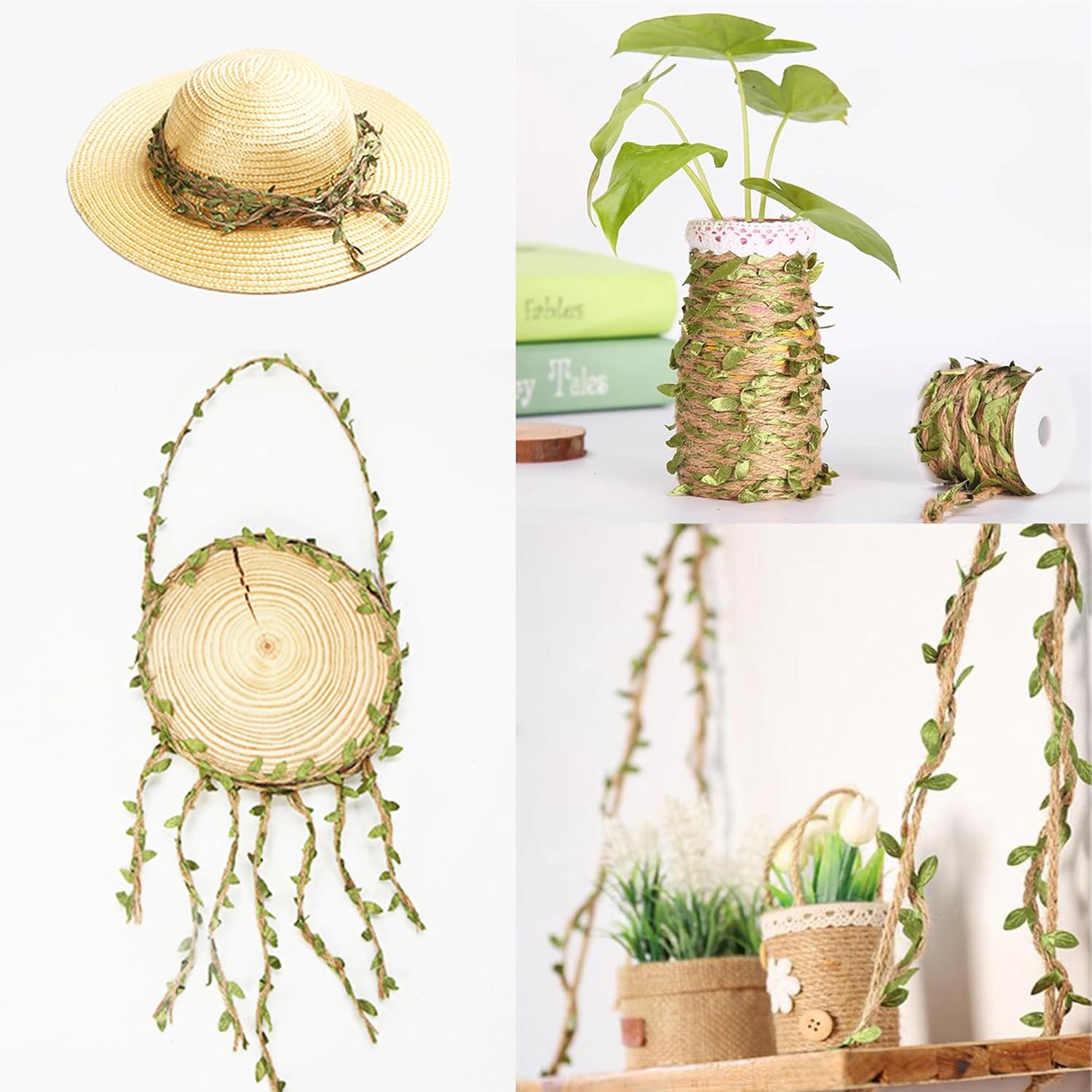 Burlap Leaf Ribbon 2 Rolls 66 Feet Total 5mm Natural Jute Twine with Artificial Green Leaves Braided Decorated Vine for Jungle Safari Party Wedding Garden Home Decor-VerdiqueGarden