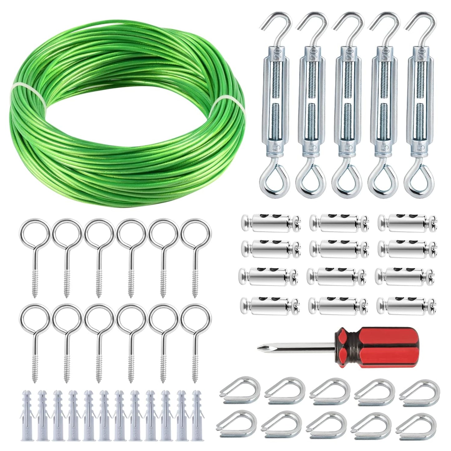 Turnbuckles for Cables Wire, 1/8" X 100Ft Green PVC Coated Wire Rope Kit, Multi-use Steel Cable for Grape Vines/Clothes Line Outdoors for T Post/String Light Hanging/Garden Cable-VerdiqueGarden