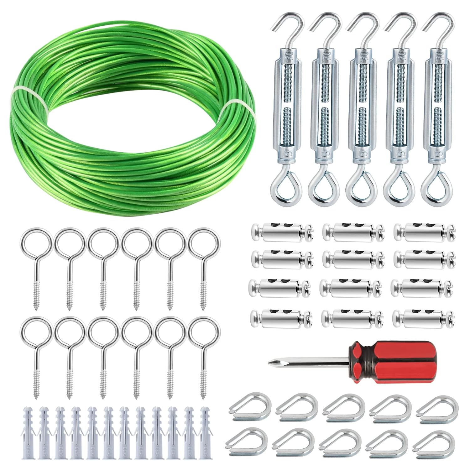 Turnbuckles for Cables Wire, 1/8" X 100Ft Green PVC Coated Wire Rope Kit, Multi-use Steel Cable for Grape Vines/Clothes Line Outdoors for T Post/String Light Hanging/Garden Cable-VerdiqueGarden