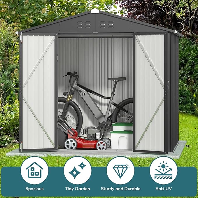 Gizoon Outdoor Storage Shed 8 x 6 FT, Galvanized Metal Garden Shed with Double Lockable Doors, Outdoor Storage Clearance for Backyard Patio Lawn-Dark Grey-VerdiqueGarden
