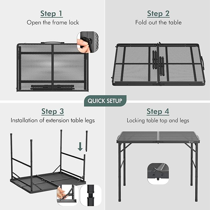 VILLEY Grill Table, 3ft Folding Camping Table with Aluminum Adjustable Legs, Portable Lightweight Camp Table for Beach Picnics and Outdoor Cooking-VerdiqueGarden