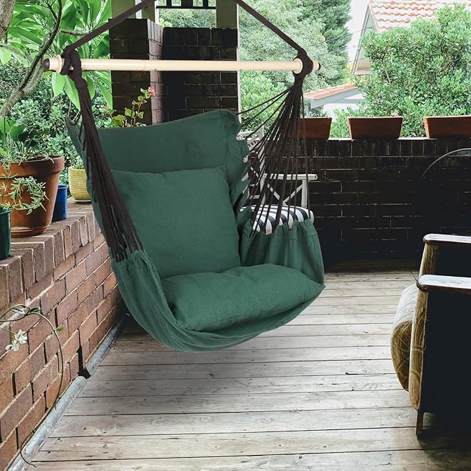 Highwild Hammock Chair Hanging Rope Swing - Max 500 Lbs - 2 Cushions Included - Steel Spreader Bar with Anti-Slip Rings - for Any Indoor or Outdoor Spaces (Green)-VerdiqueGarden
