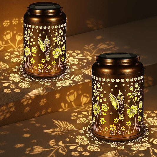 2 Pack Solar Lanterns Outdoor Waterproof, Hummingbird Garden Decor Gifts for Women Mom Grandma Hanging Solar Lights Metal Solar Decoration Outside for Yard, Patio, Lawn, Pathway, Landscape-VerdiqueGarden
