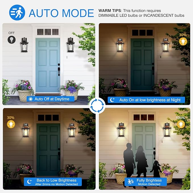 VIANIS Motion Sensor Exterior Light Fixture, 2 Pack Dusk to Dawn Outdoor Light Wall Mount, Anti-Rust Aluminum Outside House Lights, Farmhouse Coach Lantern for Porch, Entryway, Garage, Front Door-VerdiqueGarden