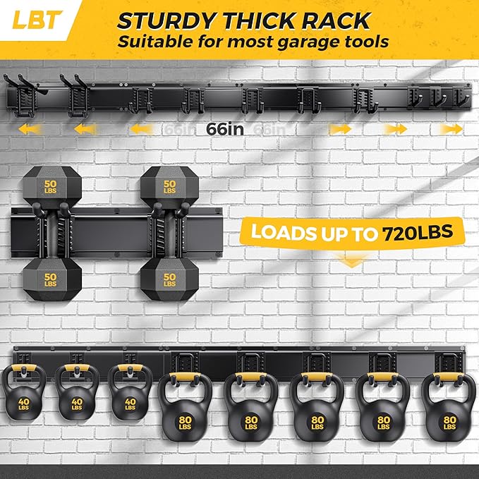 LBT 66" Garage Tool Organizer Wall Mount - 720lbs Garden Tool Organizer with Adjustable Hooks, Heavy Duty Metal Garage Storage Rack, Anti-Rust Shed Rack Holder Hanging Rake Broom Mower Snowboard-VerdiqueGarden