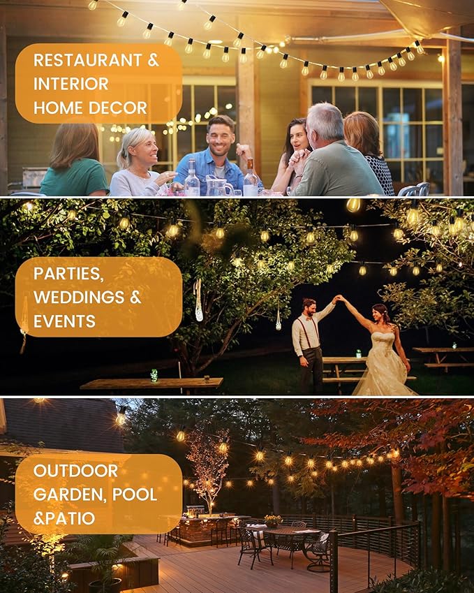 Torkase 100FT LED Outdoor String Lights with 25+2 S14 Shatterproof Bulbs, Commercial Grade Waterproof Patio Lights for Cafe Backyard Deck-VerdiqueGarden