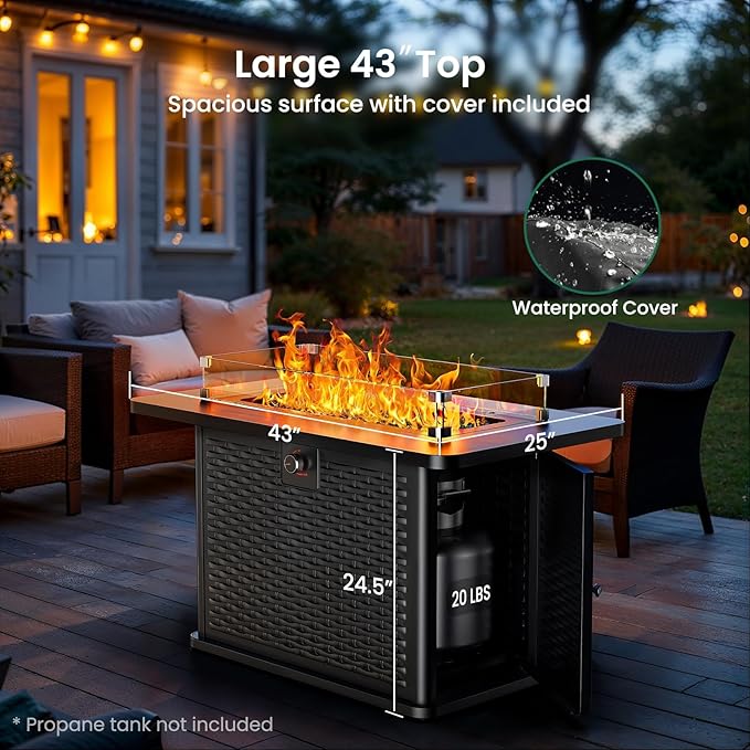 Ciays 43-Inch Rectangular Propane Fire Pit with 60,000 BTU Output, Fire Pit Table Premium Gas for Outside Patio with 304 Stainless Steel H-Burner, Glass Stones, and Wind Guard,Black-VerdiqueGarden